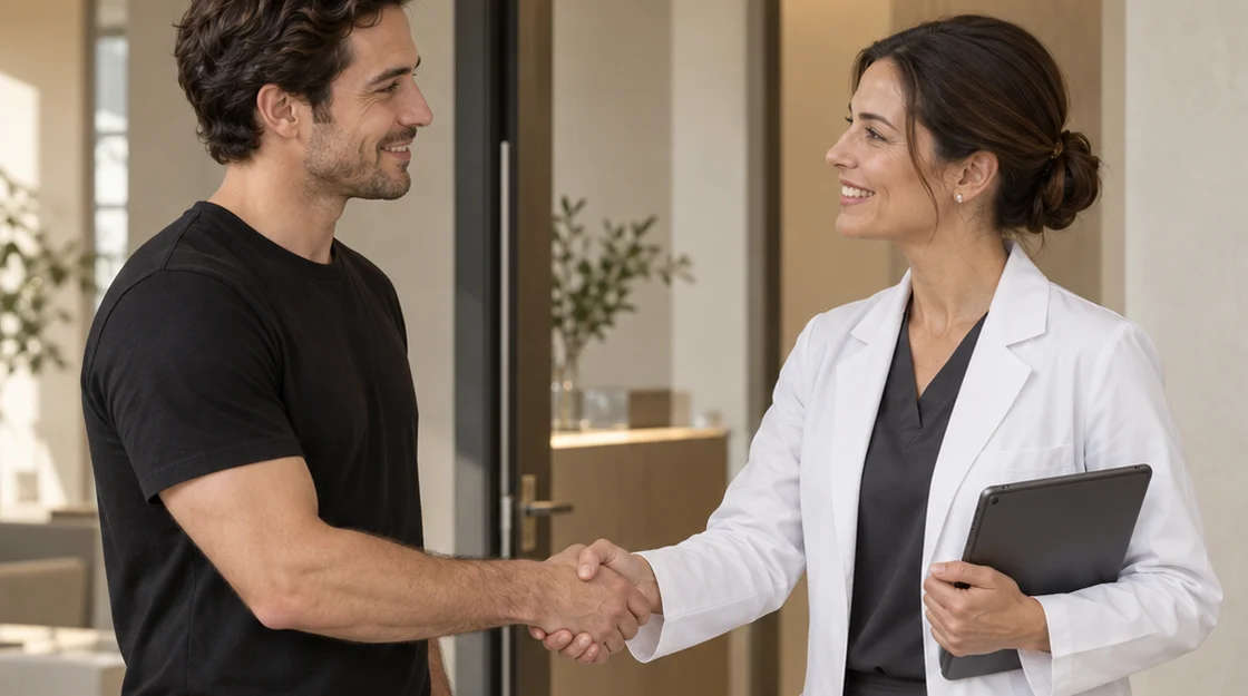 Una doctora saluda a un hombre con un apretón de manos.