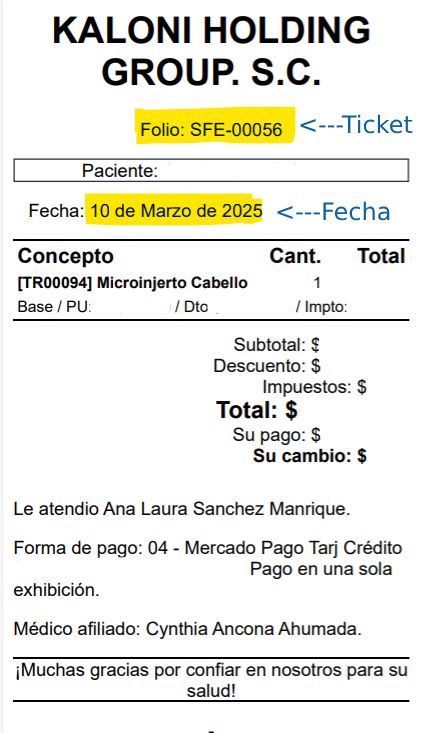 Ejemplo oficial de ticket Kaloni: el folio está en la parte superior, junto a la palabra Folio, y la fecha aparece debajo.
