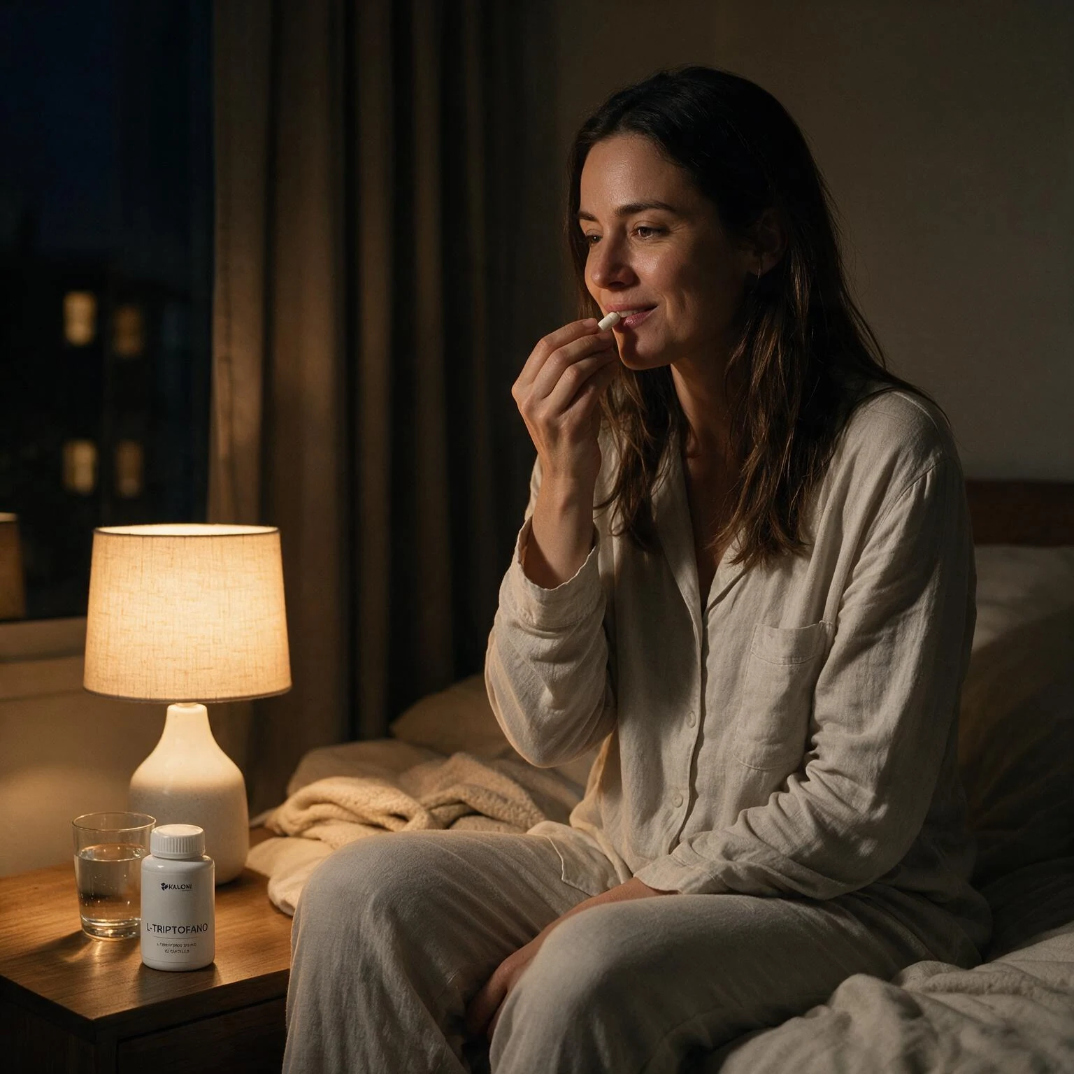 Mujer con un suplemento junto a una lámpara de noche.