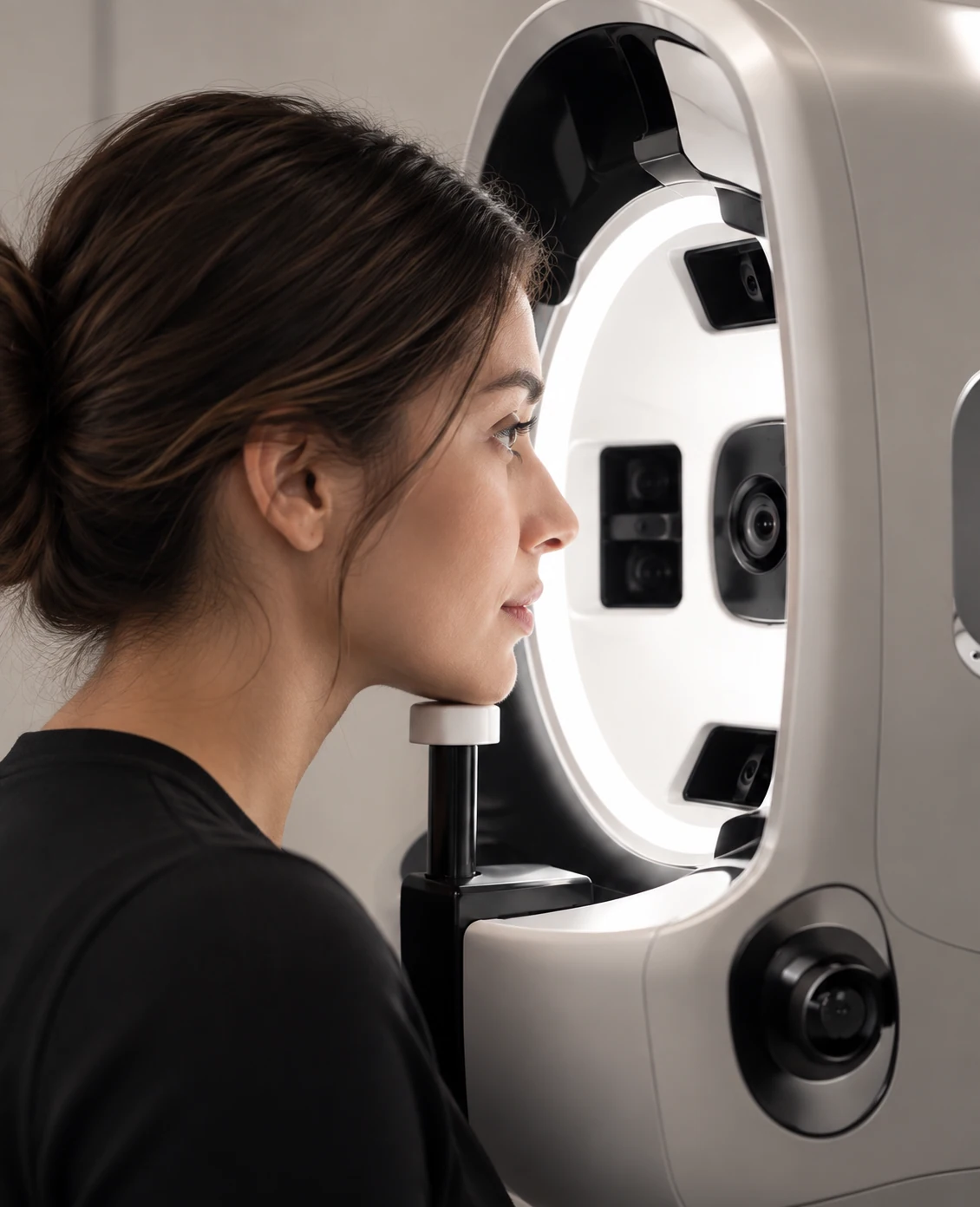 Mujer ante un equipo de observación facial.