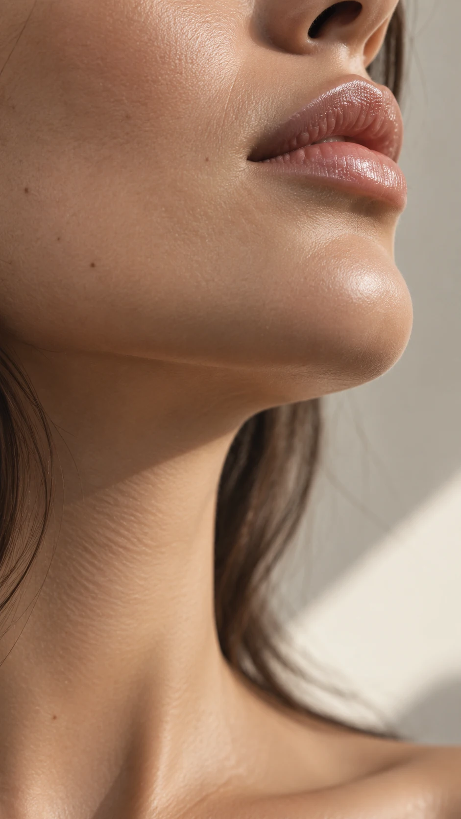 Primer plano de la línea de mandíbula, labios y cuello de una mujer.