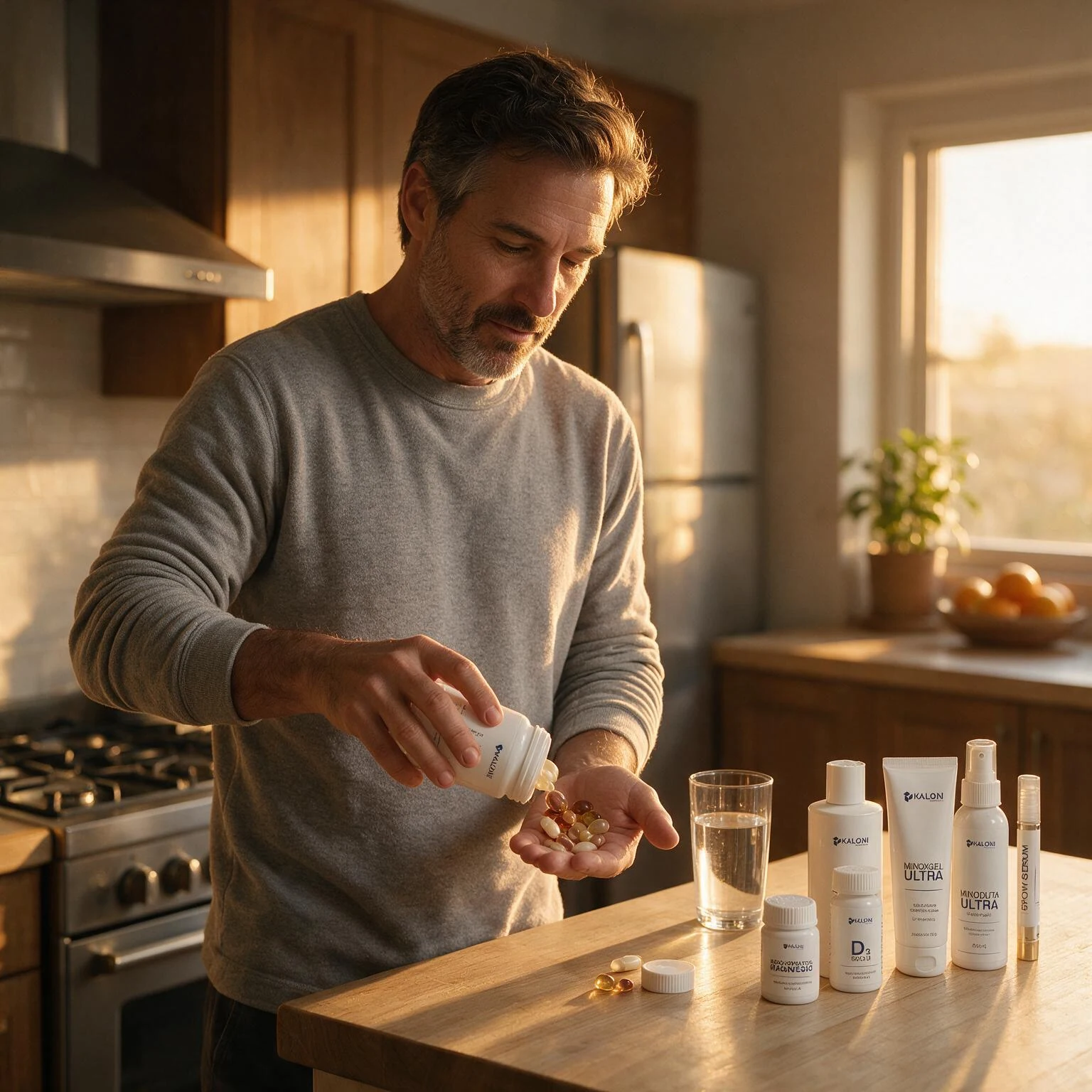 Hombre preparando su rutina de suplementos en una cocina.