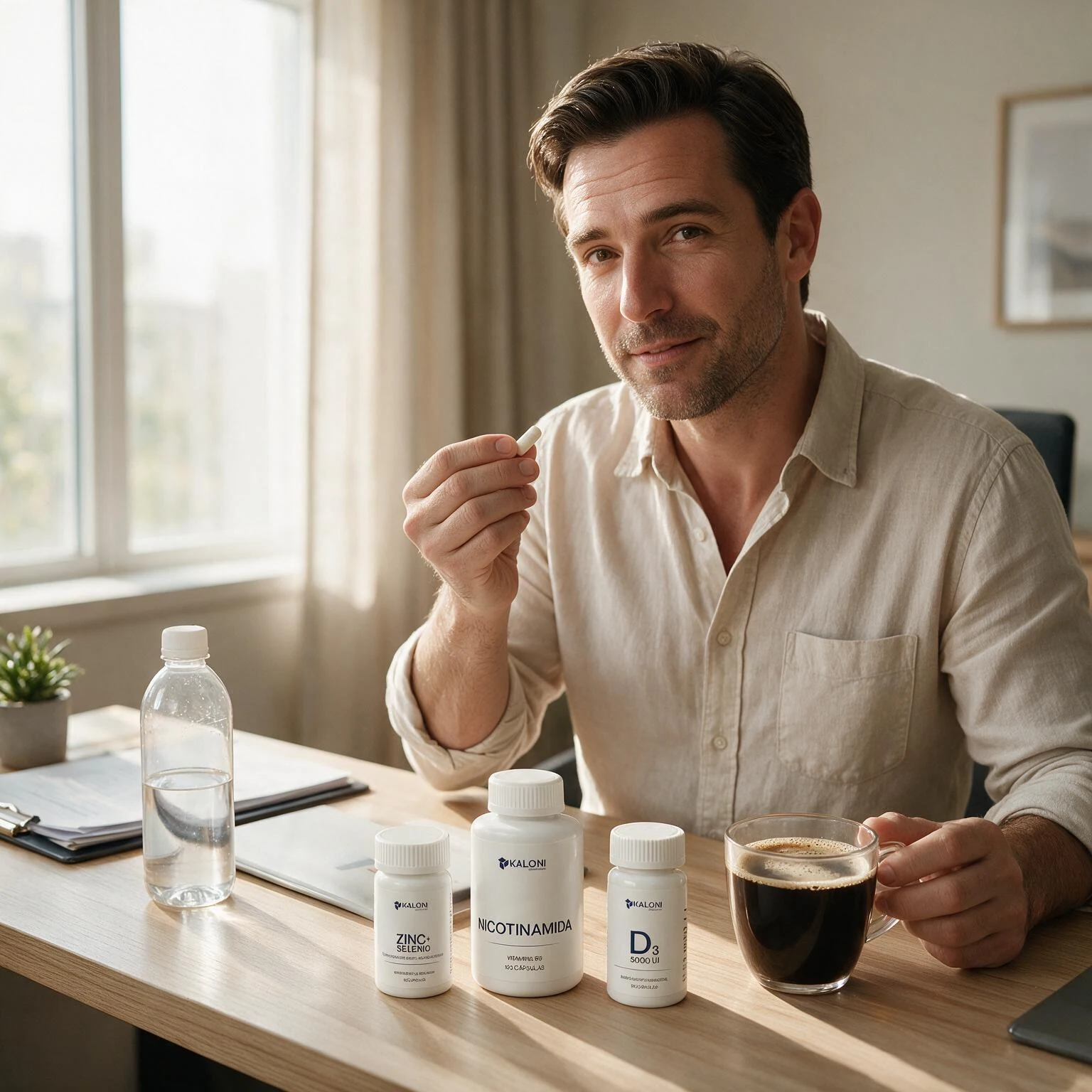Hombre sosteniendo un suplemento junto a productos Kaloni en una mesa.