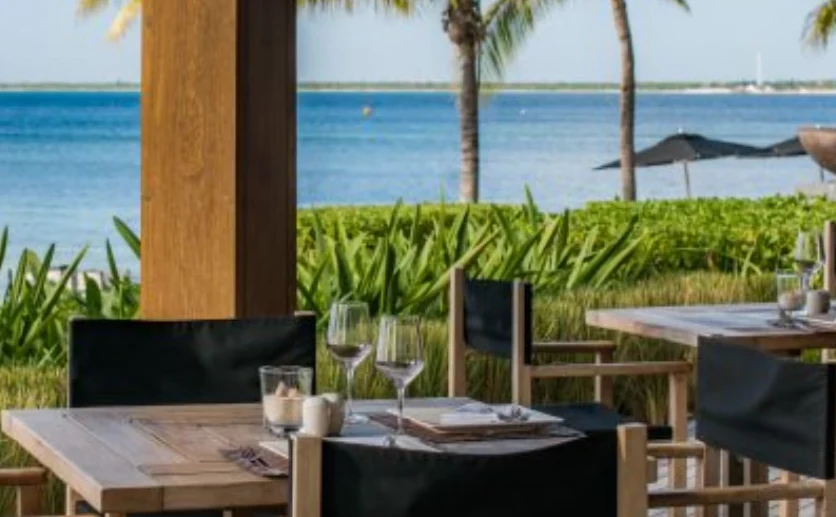 Una mesa de restaurante con vista a la vegetación y al mar.